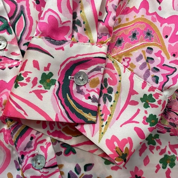 Zara Pink Paisley Print Satin Button Front Collared Shirt, sz L - Picture 6 of 13